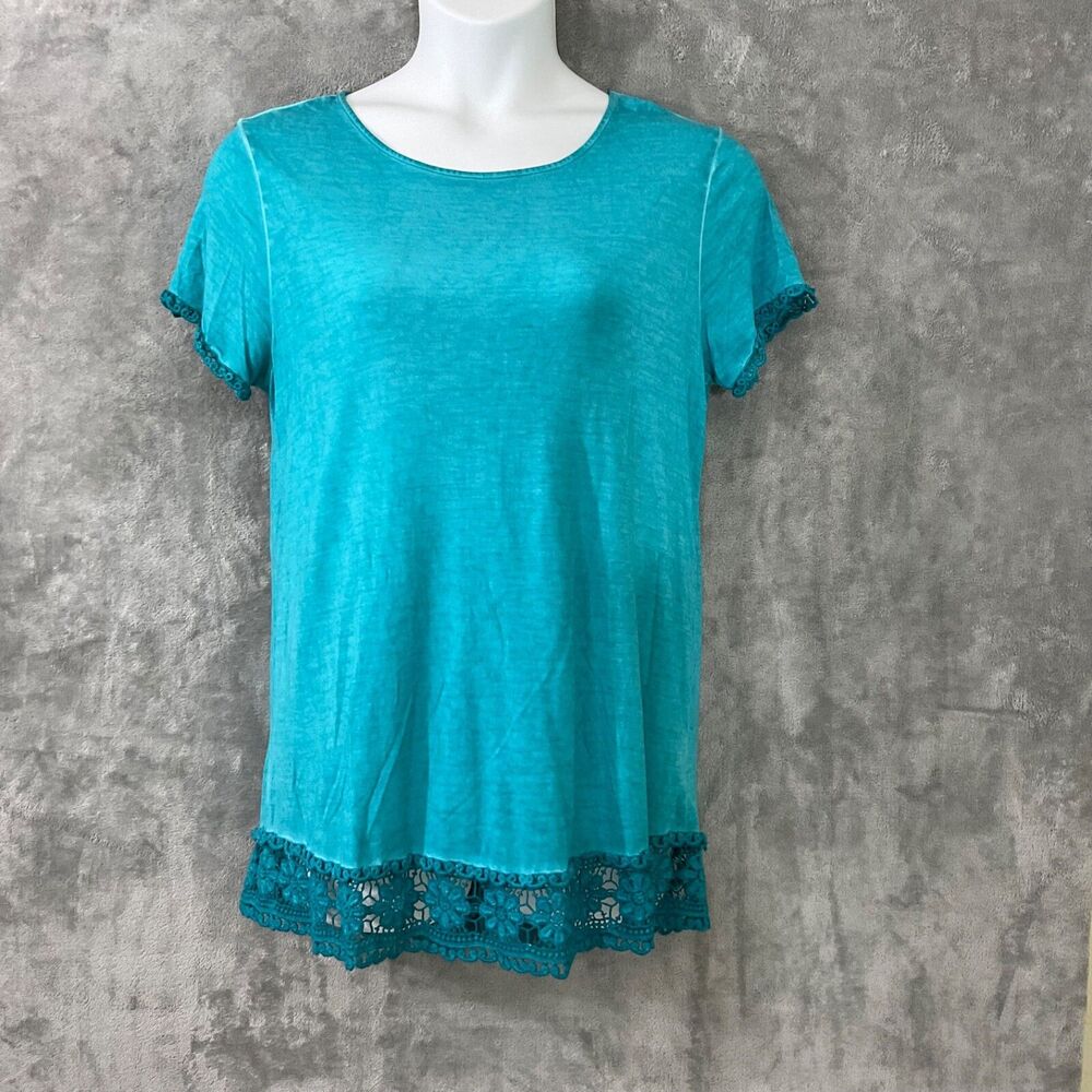 Soft Surroundings Blue Crochet Trim sun washed Tunic top L